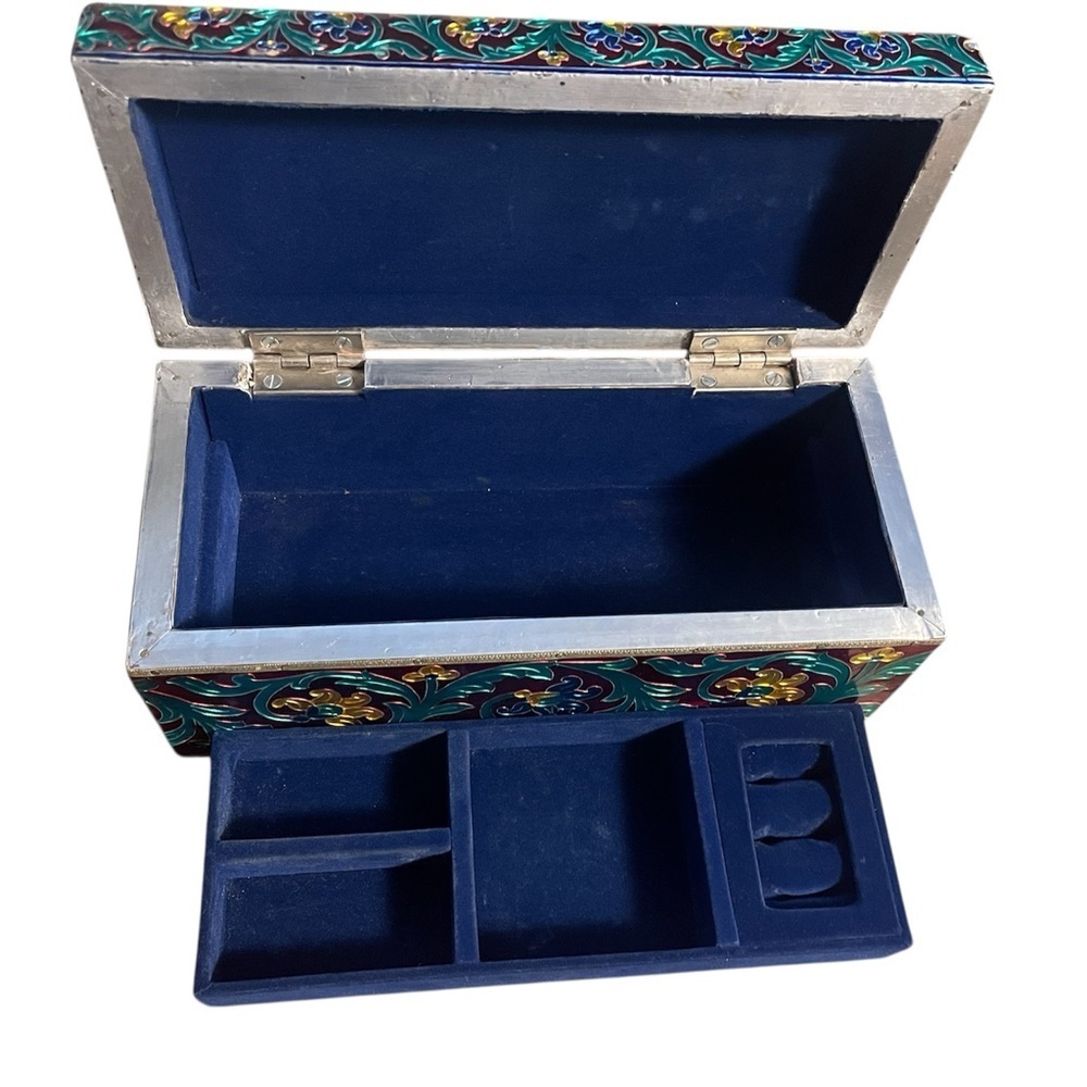 Handmade meenakari jewelry box from India,laminated sheet metal, painted enamel
